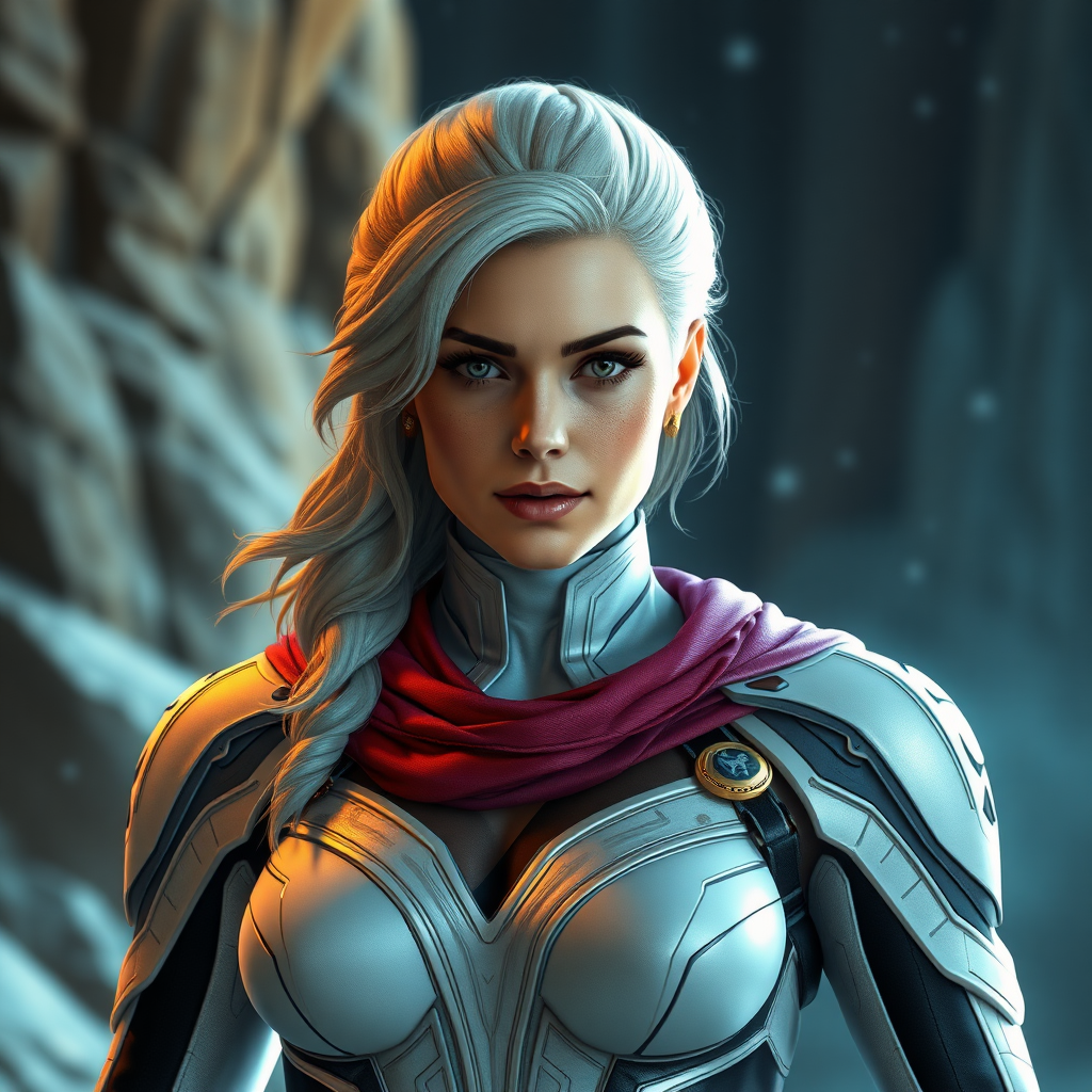 Create a full-length photorealistic image of Emma Frost, retaining her head, hairstyle, and facial features. Replace her body using the male physique of Marcus Fenix, ensuring her costume is altered to fit the new form. Incorporate elements from both characters' worlds in the background, blending their distinct environments seamlessly.