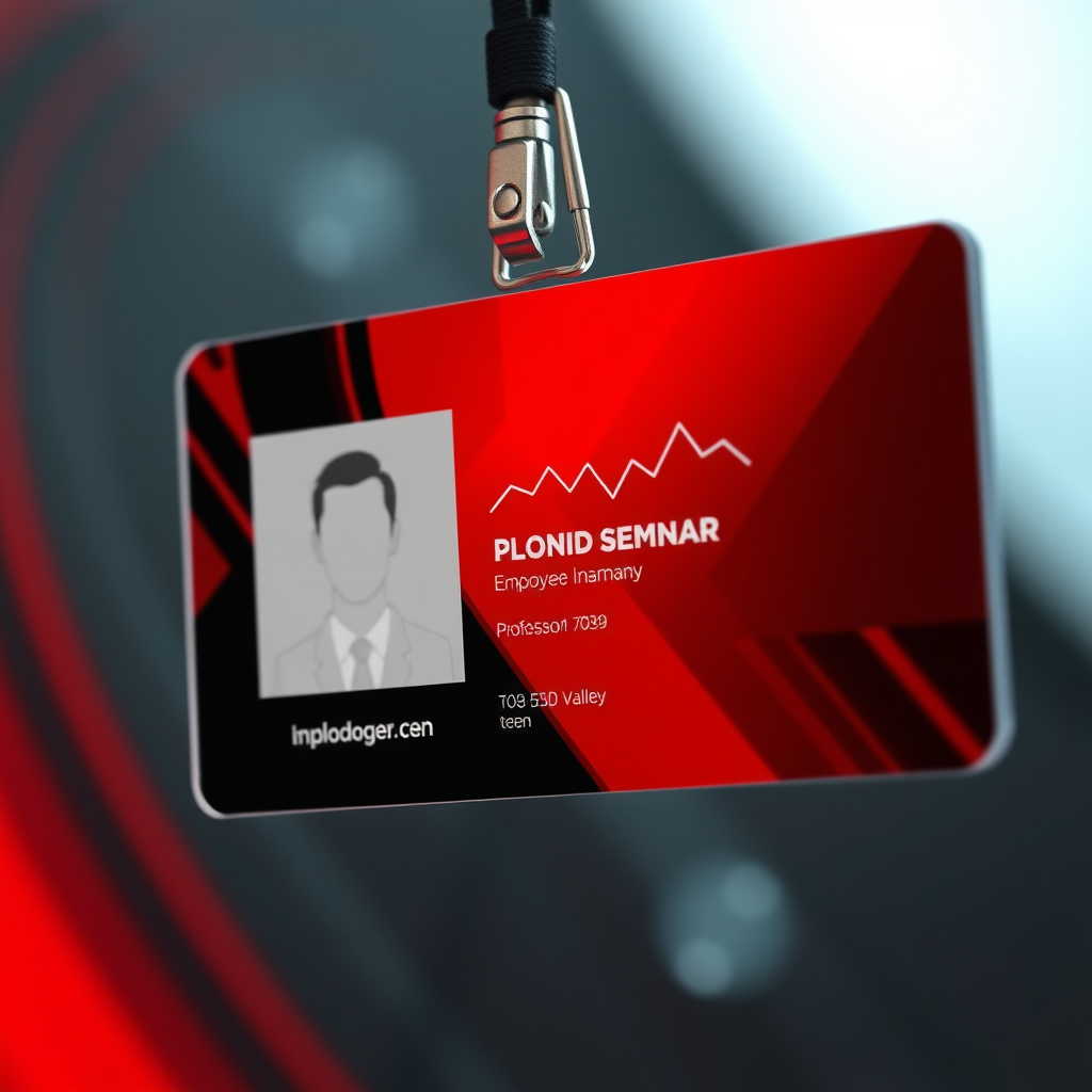 employee id card for tech company, professional themed, silicon valley esqe, red and black dominant color