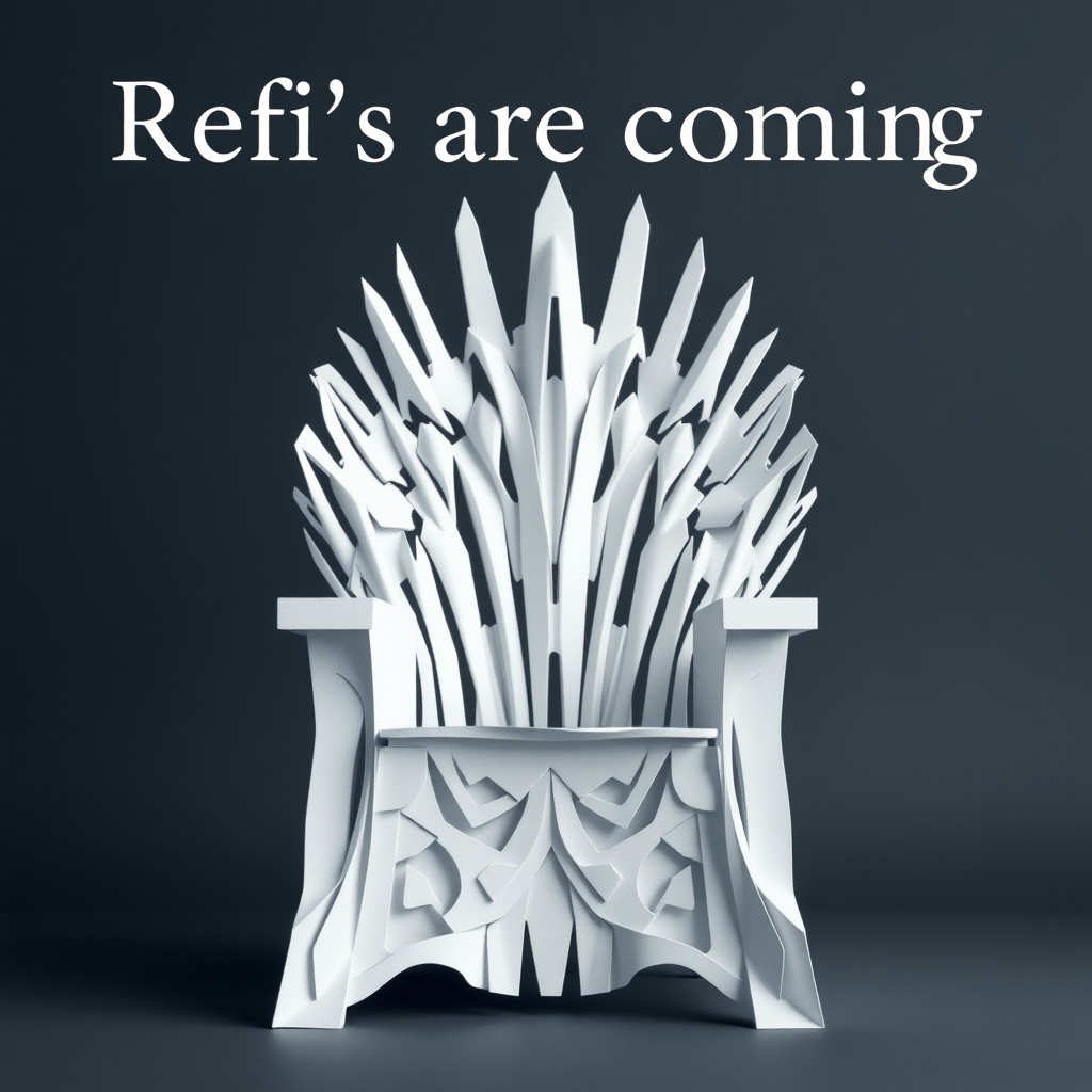 A flyer image of the game of thrones chair made out of white paper. The text in the background says “Refi’s are coming”. The refi is for refinancing a home. Photorealistic.