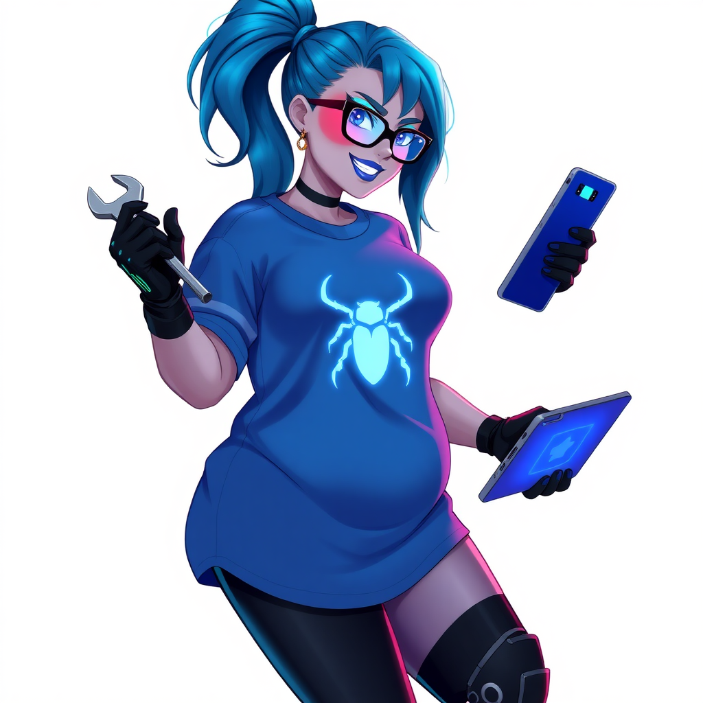 A 28-year-old, full-figured tech genius, she is the devoted girlfriend and sidekick of a cyberpunk vigilante. Her long, maximum blue ponytail and glowing sapphire eyes are striking features. Her prominent, round midsection, gigantic limbs, and broad shoulders define her full figure. As the loyal and supportive sidekick, she plays a crucial role in their missions, using her digital and technological prowess to assist and protect.

She wears an oversized maximum blue t-shirt with a glowing neon blue beetle chest icon, maximum blue lipstick, and black high-tech gloves. Her neon red blush and lovestruck smile are ever-present as she holds a futuristic wrench and a digital holographic tablet. Her full figure (especially her round midsection) shows how pampered she is by her doting boyfriend. She dutifully works in her boyfriend's hideout workshop and at her computer. Her nerdiness is unmistakable, accentuated by her black oversized eyeglasses. She is on a solid white background. She serves as her boyfriend’s indispensable tech expert. She is drawn as if she was in a retro 2D cyberpunk fighting game. Make sure her oversized t-shirt covers her midsection.