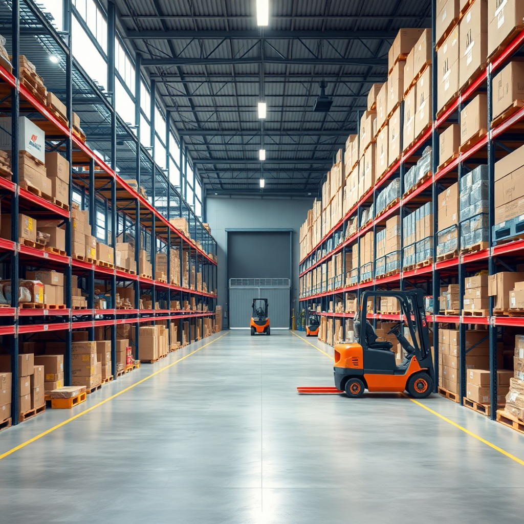 Create a high-resolution photo of a modern warehouse interior. The scene should include tall shelves filled with various boxes and products, a spacious layout with clear concrete pathways, and bright overhead lighting. Include a forklift without an operator and a partially open gate in the distance. The overall atmosphere should convey efficiency and organization, with a clean and professional look. No text, no humans.