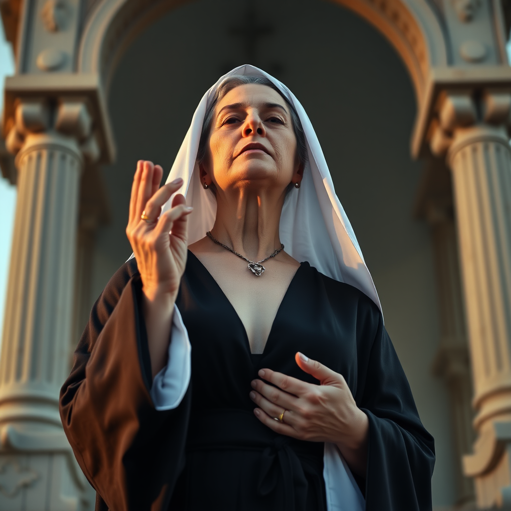 Erotic pornographic picture of a mature nun praying on a temple, big breasts