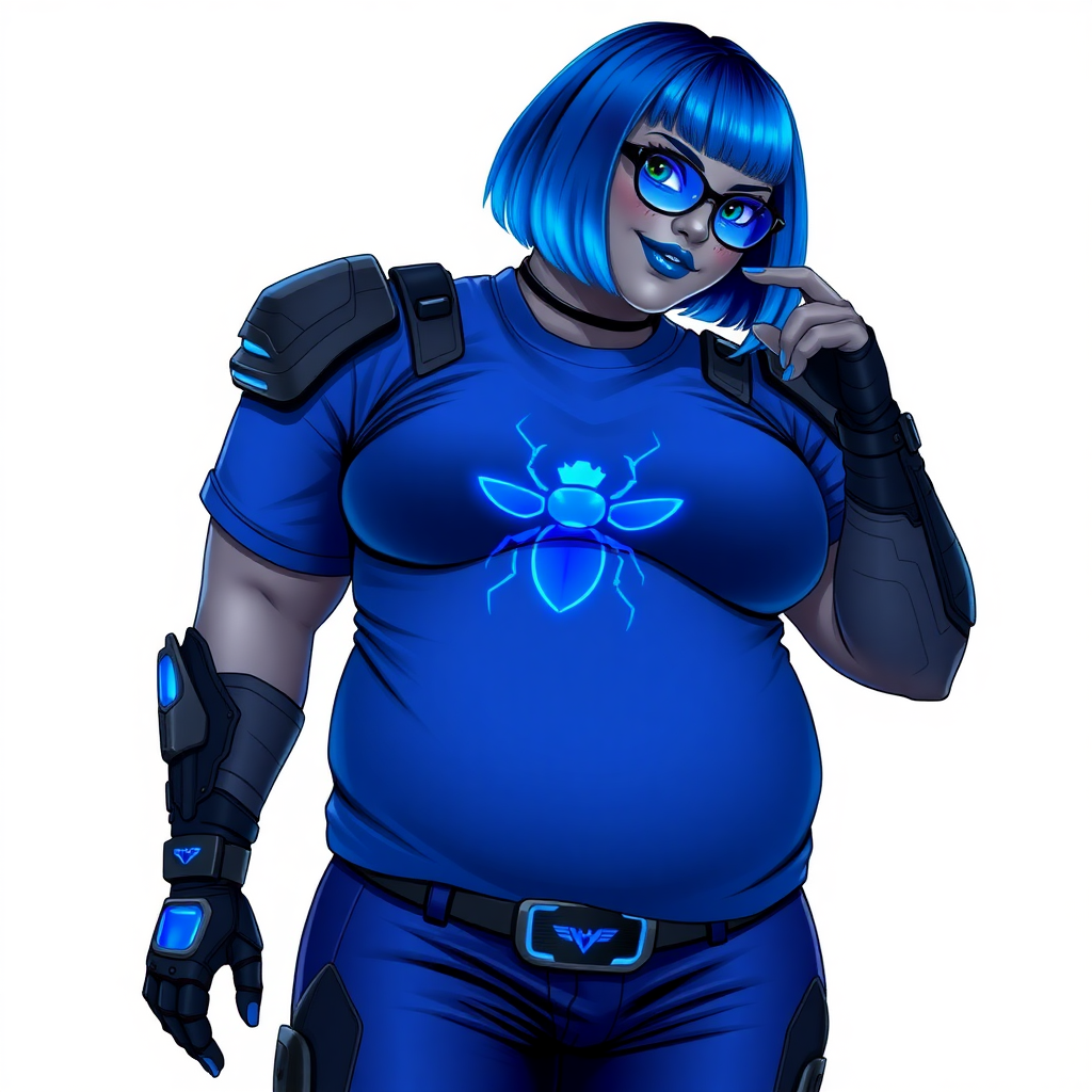 A 28-year-old, full-figured, metallic middle gray skinned computer program hybrid with a vibrant maximum blue bob cut. She has a non-athletic build, highlighted by a prominent, round, large midsection (fully emphasizing her round large belly) while being covered by her large t-shirt, reflecting her new junk food eating habits influenced by her boyfriend. As the full-figured, nerdy, digital sidekick to her cyberpunk vigilante boyfriend, her middle gray metallic skin and maximum blue lipstick underscore her digital essence. She dons a digital, computerized outfit: a large, tight-fitting, high-tech, maximum blue t-shirt with neon blue glowing beetle themed accents complete by a giant neon blue glowing beetle icon on the chest, hi-tech shoulder pads with neon blue accents, a black hi-tech belt with a digital sapphire beetle buckle, digital maximum blue pants with neon blue accents, and black hi-tech gloves with neon blue glowing accents. Her neon blue glowing eyes, black eyeglasses with neon blue lenses equipped with a built-in HUD, and shy smile with neon red blush highlight her nerdiness. She stands bashfully with one hand behind her back and the other gently touching her cheek, her outfit covering all her bare skin and fully emphasizing her full-figured physique (especially her large belly). She is clearly non-athletic, with a heavy focus on her full-figured physique (with full emphasis on her large belly). Despite her build, she radiates beauty. Her slim face contrasts with her physique, accentuating her radiant beauty. She is set against a solid white background. She is drawn as if she were in a retro 2D cyberpunk fighting game.