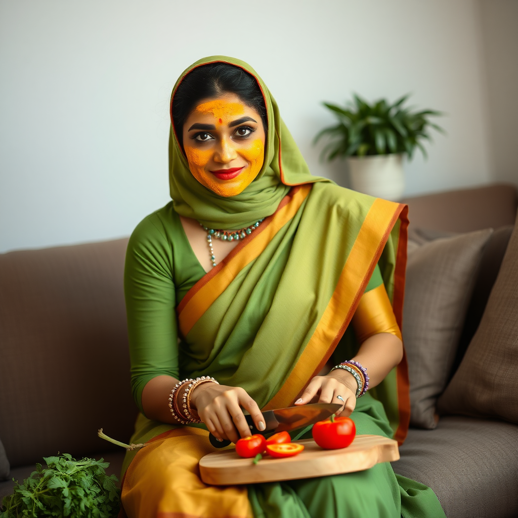 slim, 30 year old, modern indian wife with saree and hijab, turmeric paste on her face. she is sitting on a sofa and cutting vegetables