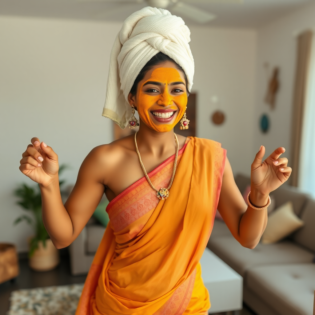 slim, 30 year old, indian Bride, towel head, turmeric face mask. She is happy and dancing in living room.