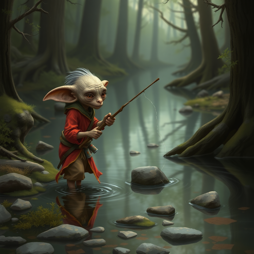 A small, skinny kobold in a tattered red tunic and dirty brown pants fishing in a small forest pond.