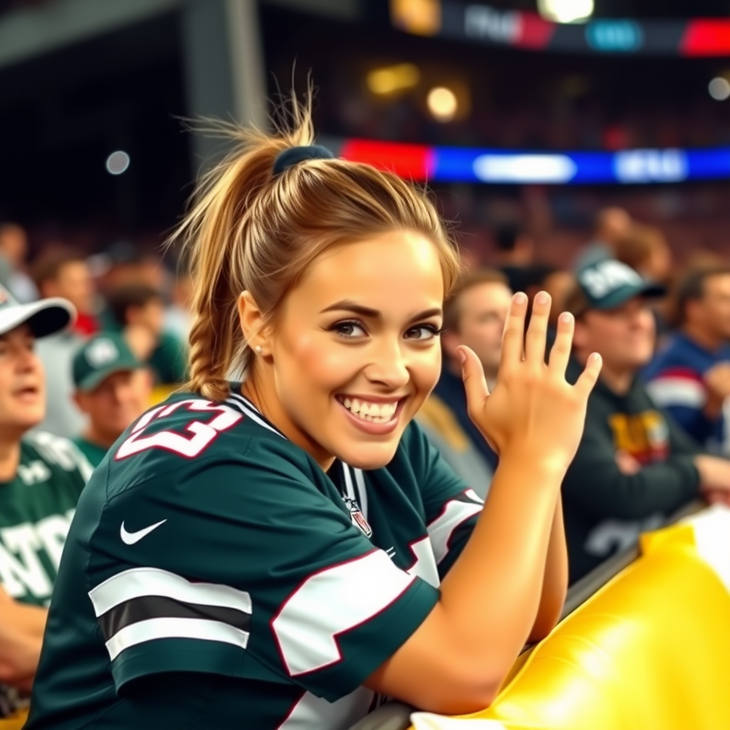 Attractive female NFL fan leans forward over the barriers, cheering, pigtail hair, jersey, inside front row crowd