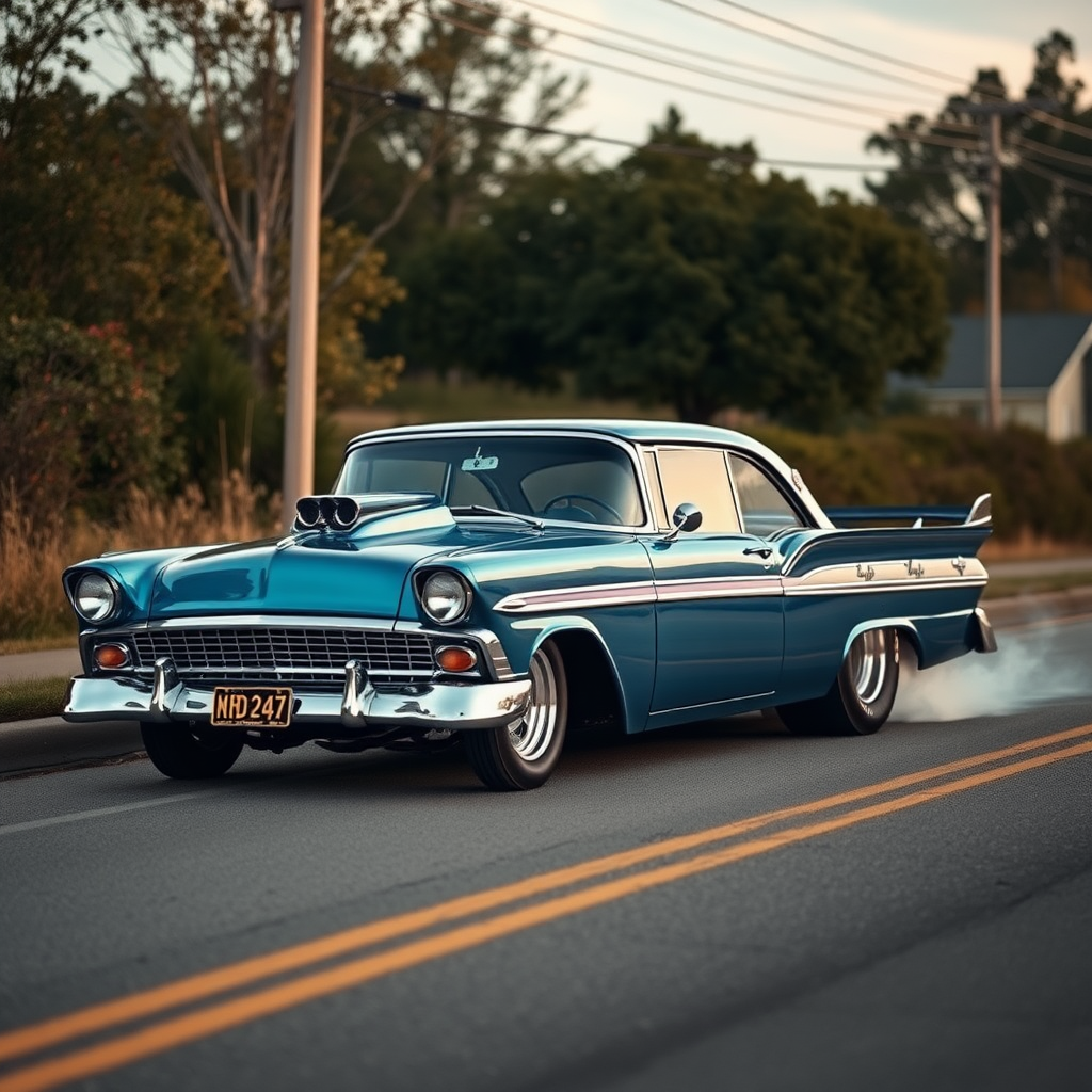 The drag car is parked on the side of the road, inspired by Taiyō Matsumoto, tumblr, restomod, nd4, c4 metallic shine classic american low rider custom ford