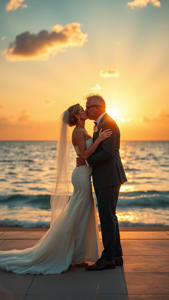 In the background, Meg Rain and Dustin Hoffman elegantly dressed, she heels and he patent leather shoes, he passionately kisses the bride, in the background the sea with a beautiful beach, sunset sky with the sun's rays with clouds. 16K ultra-high definition.