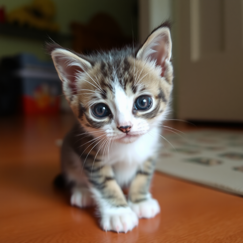 A small gray and white kitten in the room, cute, chubby, with round pupils.