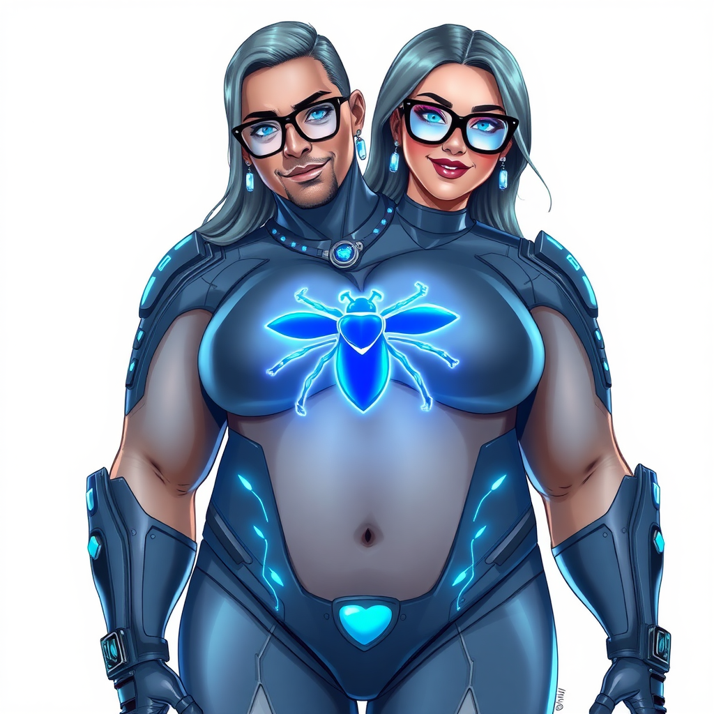 A 29-year-old computer science major, she is the devoted girlfriend of a vigilante and serves as his dotingly pampered, full-figured, nerdy digital sidekick. She has become a Computer Program hybrid, with a unique, metallic Middle Gray (N5) skin color that blends with her hair, appearing to merge together as computer data. Her neon blue eyes are mesmerizing. Her full figure, especially her prominent, round, gargantuan midsection, shows just how heavily fed and pampered she is, with sequoia-sized limbs and broad shoulders. Her midsection is bloated to emphasize the figure she gained from her pampering.

As a loyal and supportive sidekick, she plays a crucial role in their missions, using her digital prowess to assist and protect. She wears a blue sapphire scarab necklace and blue sapphire earrings, which she received as symbols of their love before his 5-year disappearance. Her digital Maximum Blue (RGB 71, 171, 204) bodysuit features a neon blue glowing beetle chest icon. She is equipped with high-tech features, including holographic displays and integrated hacking tools. She has matching high-tech gloves. She emits neon blue data cubes from her body, set against a solid white background.

Heavily, attentively, and immensely pampered through being well-fed since their reunion, her full figure clearly shows the extent of care she has received. Despite her digital enhancements, she retains her human vulnerabilities, including hunger and sleep, and is not immune to human weaknesses. She has the ability to hack into computers and machines, and her nerdiness is blatantly obvious with her black oversized eyeglasses. Her full figure, especially her gargantuan midsection, is prominently displayed and heavily emphasized. Her outfit, influenced by DC’s Jennifer Knight Phantom Lady, remains distinct.

Despite her boyfriend’s limited resources, she assists in the war on crime by serving as a minicomputer, traveling in a high-tech wristwatch and supercar’s computer system. Using her hacking abilities, she relays crucial knowledge related to missions. She has a beaming smile. She is drawn as if she was in a retro 2D cyberpunk fighting game. Their love for each other is evident.