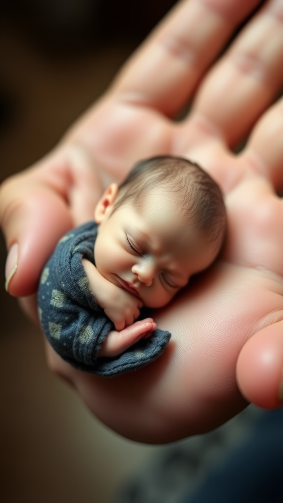 A cute mini little tiny miniature baby sleeping on hand