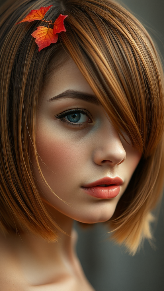 Beautiful model in close-up, square bob hair, with autumn foliage, in high definition.