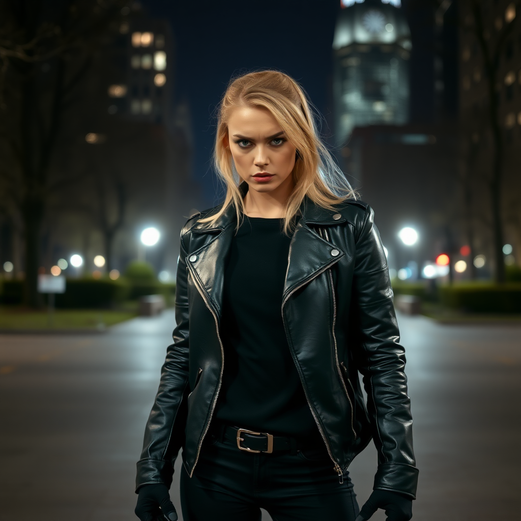 A beautiful blonde angry female burglar in black leather jacket over black t-shirt with black pants and gloves in Manhattan park at night.