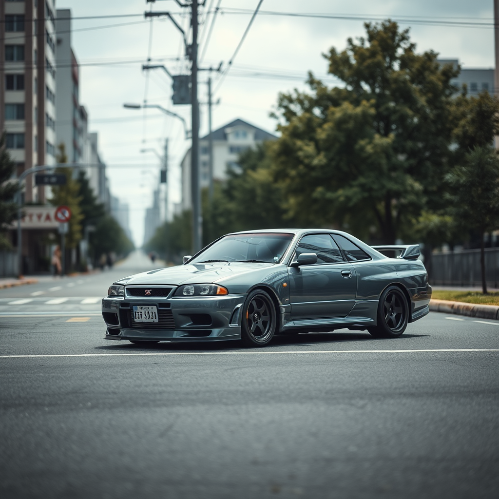 The car is parked on the side of the road, inspired by Taiyō Matsumoto, tumblr, restomod, nd4, c4 metallic shine gray black nissan skyline r34 kalabalik tokyo gece arkaplan en ayrıntılı genel detaylar