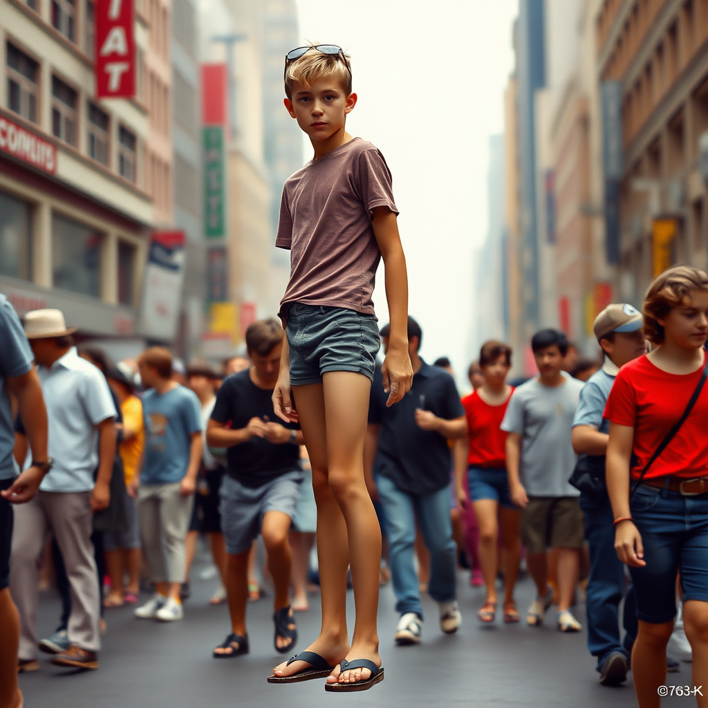 photorealistic, ultra high resolution, 16K. A tall skinny 12yo teen boy wearing t-shirt, tight booty shorts, sandals. Long legs, bare thighs, narrow hips. City crowd. 1980s.  
Negative: grainy, blurry, bad anatomy, extra limbs, watermark.