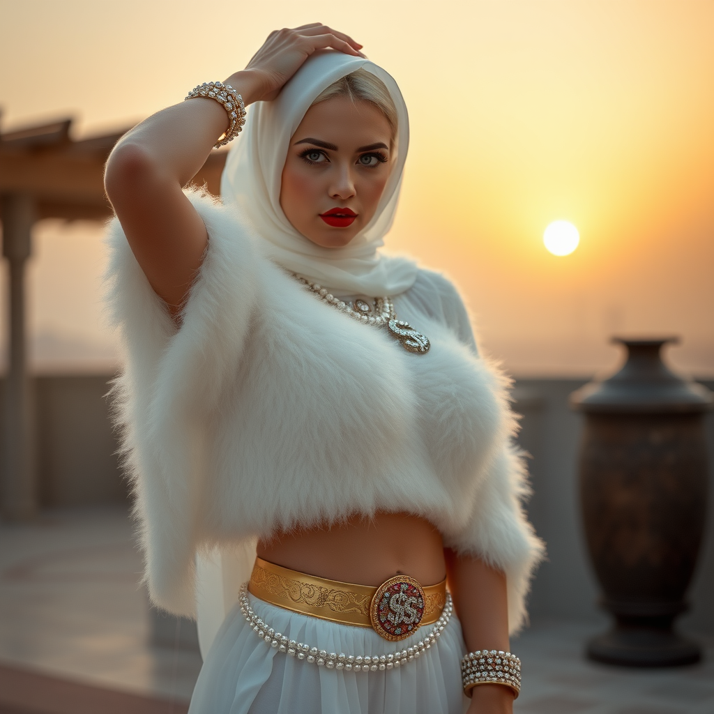 Kuwait desert palace harem patio misty dawn: Melissa, European 17 years old very convincing femboy “trophy-bimbo,” tamed servile docile, very beautiful feminine flawless face, rather short, by hormones very curvaceous womanly figured, platinum blond short tight curls, bold red lips, heavily made-up face, wearing Supertanya-style fluffy very fuzzy bright white angora turtleneck-poncho cropped ending under bust decorated with pearls and gemstones, striking oriental wide gold bridal protection belt, white fully transparent harem pants, full Oriental bridal jewelry, face covered by white sheer full Burka, coin anklets, striking diamond “$$$” letter brooch on left chest, pout frustrated, seductively dancing hands over her head, looking at camera. Focus on face and turtleneck-poncho.