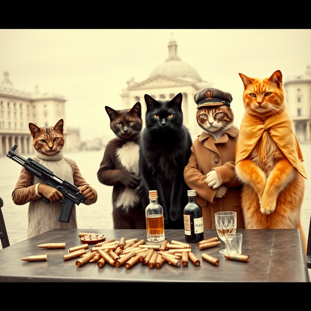 4 serious cat-men in a large square, a dark-skinned one holding an AK-47, an orange one with a Russian military cap, a dark brown and a light brown one, communist from the USSR with vodka, around a table with bullet casings on it, in the style of an old black-and-white photo.