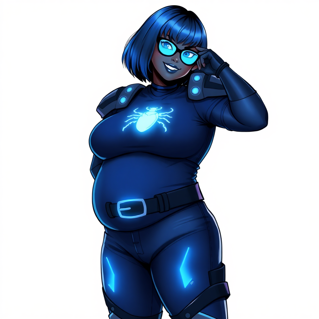 A 28-year-old, full-figured, metallic maximum black (N0) skinned computer program hybrid with a maximum blue bob cut. She has a non-athletic build, highlighted by a prominent, round, large midsection (with emphasis on her belly), which shows the effects of her new love of junk food acquired from her boyfriend. As the full-figured, nerdy, digital sidekick to her cyberpunk vigilante boyfriend, her metallic maximum black skin and maximum blue lipstick emphasize her digital nature. Her skin has a subtle, animated glow, with digital patterns occasionally flickering across it. She wears a digital, computerized costume, consisting of a huge, tight-fitting, maximum blue t-shirt with a neon blue glowing chest icon of a beetle, hi-tech shoulder pads with neon blue accents, a black hi-tech belt with a digital neon blue glowing buckle, digital maximum blue biker pants with neon blue accents, and black hi-tech fingerless biker gloves with neon blue glowing accents. Her neon blue glowing eyes, black eyeglasses with neon blue glowing lenses equipped with a built-in HUD, and bashful smile with neon red blush accentuate her nerdiness. She stands bashfully with one hand behind her back and the other hand gently touching her cheek, her costume covering all her skin and emphasizing her full-figured physique (especially her belly). She is clearly non-athletic, with a focus on her full-figured physique. Despite her build, she radiates beauty. She has a slim face compared to her physique, accentuating her radiant beauty. She is on a solid white background. She is drawn as if she were in a retro 2D cyberpunk fighting game.