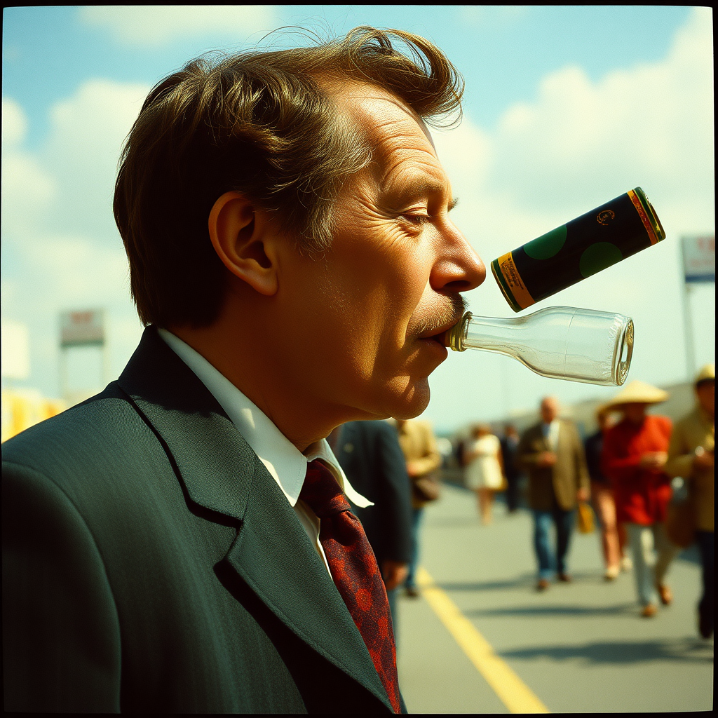 Highly detailed Kodachrome color real surrealist photograph from 1974 of Caryl Chessman sniffs the air  
And leads the parade  
He knows, in a scent  
You can bottle all you made