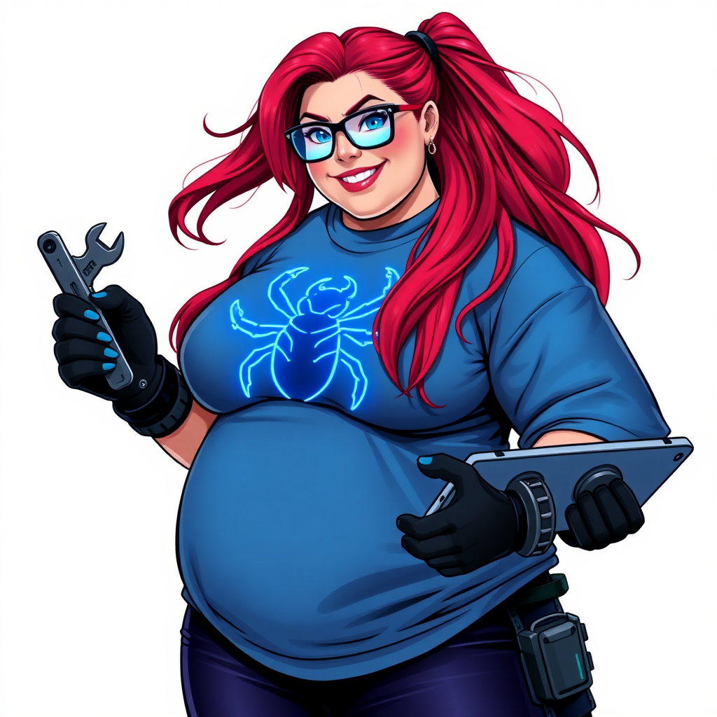 A 28-year-old, full-figured computer hacker and tech wiz, she is the girlfriend of a cyberpunk vigilante. Her long ruby red ponytail, and striking, bright blue eyes make her stand out. Her wrecking ball-sized midsection, sequoia-sized limbs, and broad shoulders define her full figure, which has been heavily pampered by her doting boyfriend. Her nerdiness is blatantly obvious, and she serves as her boyfriend’s tech expert.

As the loyal and supportive sidekick, she plays a crucial role in their missions, using her digital and technological prowess to assist and protect. She wears an oversized maximum blue t-shirt adorned with a glowing neon blue beetle chest icon, black oversized eyeglasses, and black high-tech gloves. She beams with a neon red blush, holding a futuristic wrench and a digital holographic tablet. She is on a solid white background. She is drawn as if she was in a retro 2D cyberpunk fighting game.