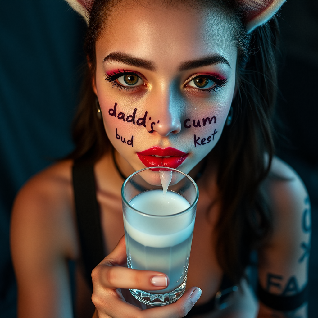 Full body in frame, high POV, Real life photo of a cyberpunk girl, she has “daddy’s cum bucket” written on her skin with lipstick. She is holding a glass of translucent white slime below her chin, she has fox ears, tiny cropped tee, wearing g-string thong, suspenders and chunky thigh boots, her face is covered in clear slime.