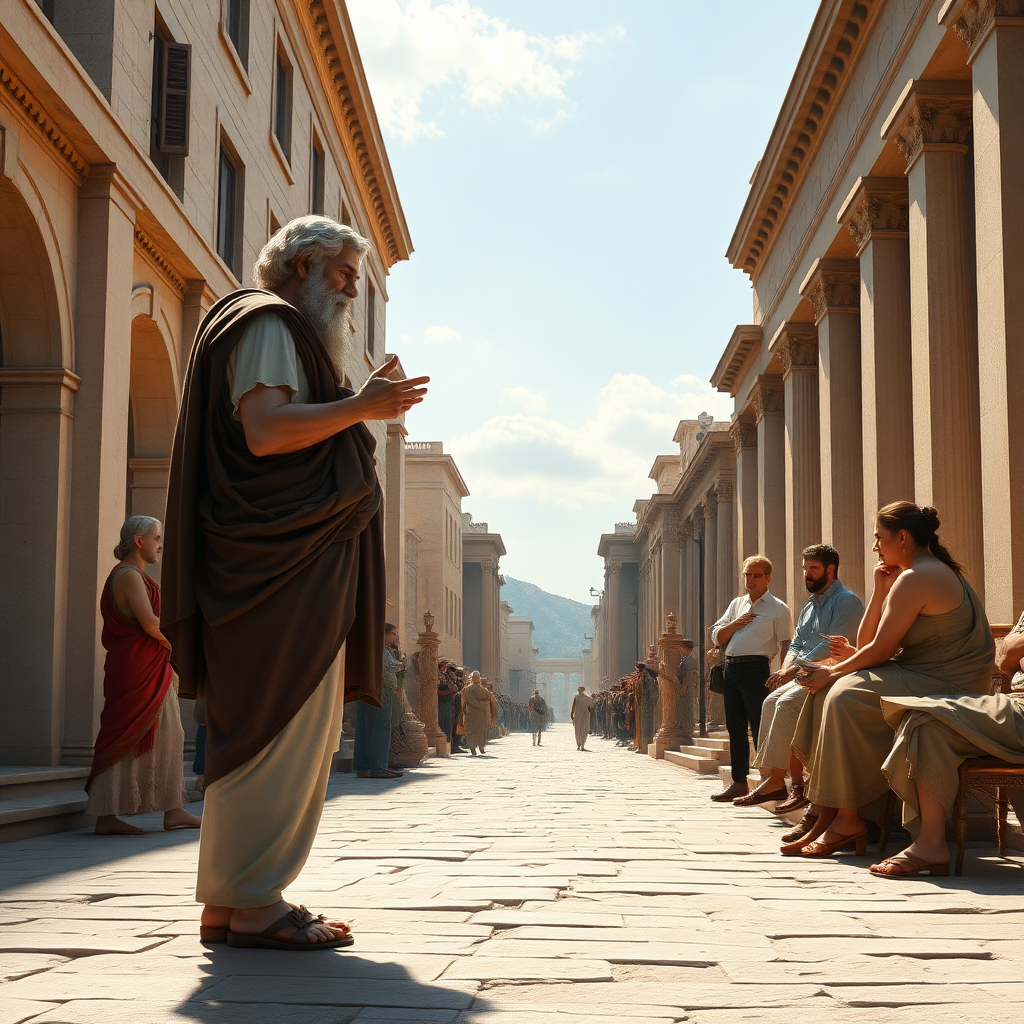 create a picture of Socrates debating on ancient Athens street