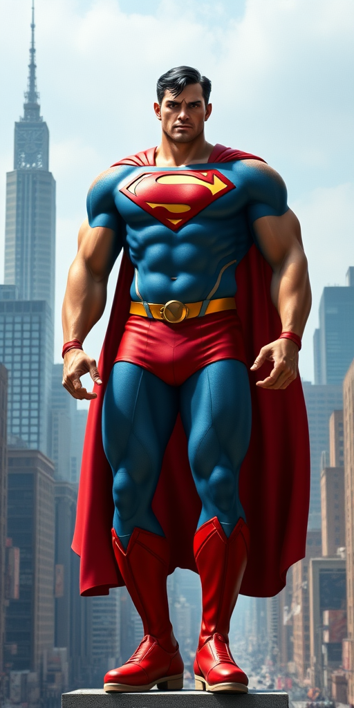 Create a photorealistic full-length image of Superman with the bodily attributes of R. Mika from Street Fighter. Depict him with Mika's muscular yet curvaceous physique, emphasizing broad shoulders, toned arms, and powerful thighs, while maintaining Superman's iconic costume and 'S' emblem. Place him in a dynamic pose, standing tall and confident in the heart of Metropolis, with skyscrapers and a bustling cityscape behind him. Ensure the image captures both the power of Superman and the strength and agility of R. Mika.