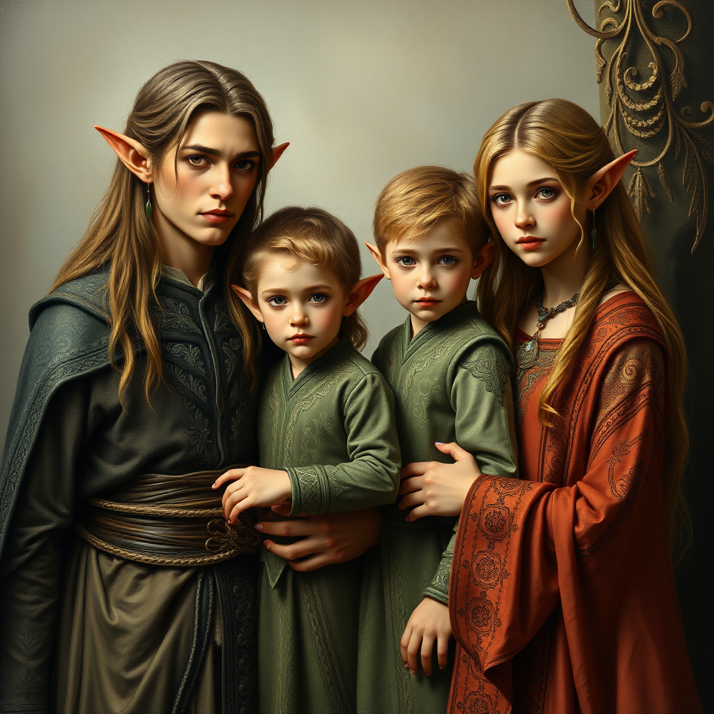 A painting depicting a couple of adult elves with their two sons, all in beautiful elven garments with intricate patterns. photorealistic, ultra high resolution, 16K