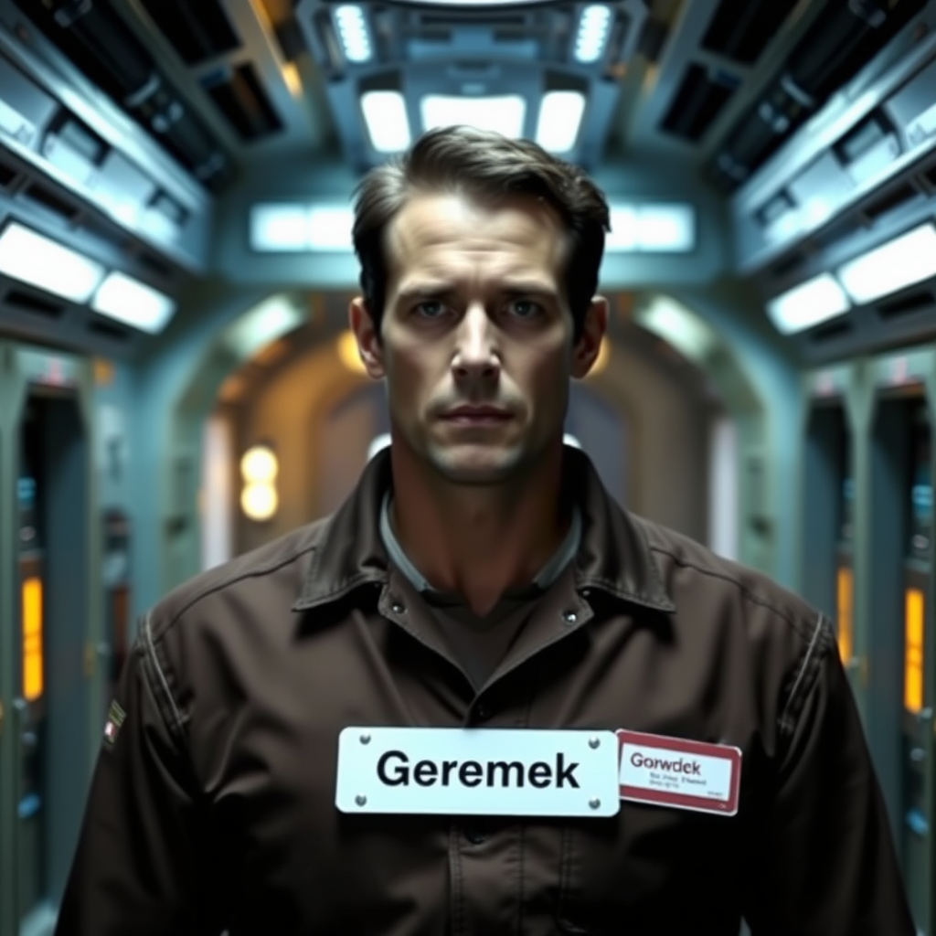 A clean shaven Ben Browder from Farscape in a jumpsuit standing in a dimly lit hallway of a space ship with a name tag that says "Geremek"