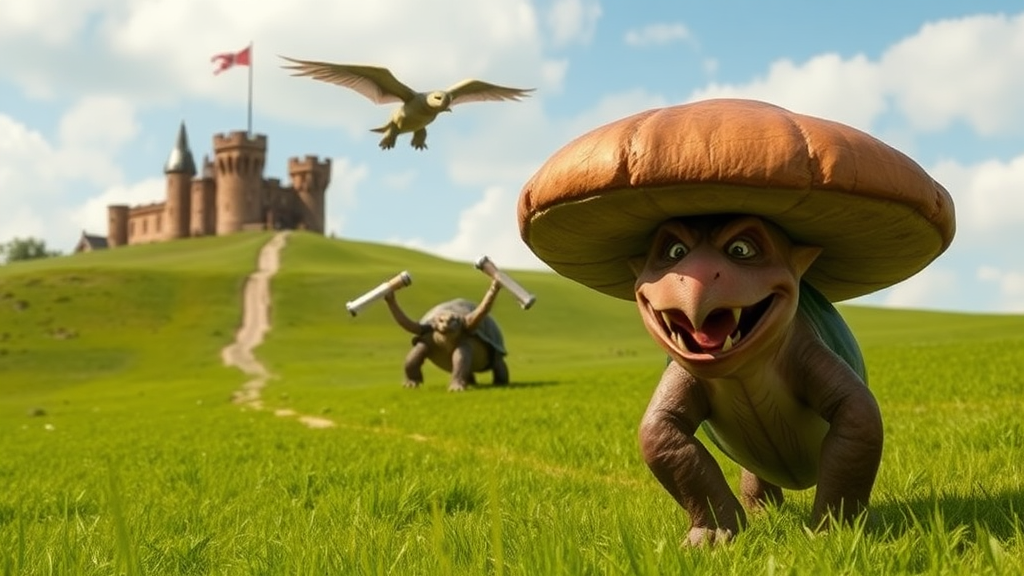 Exterior. Day. Green field. A pathway leads up a hill in the distance to a brown-brick castle with a tall flagpole outside. A large brown mushroom-shaped creature with pointy teeth. In the background, a flying turtle with white wings. Another turtle stands on its hind legs and throws hammers.