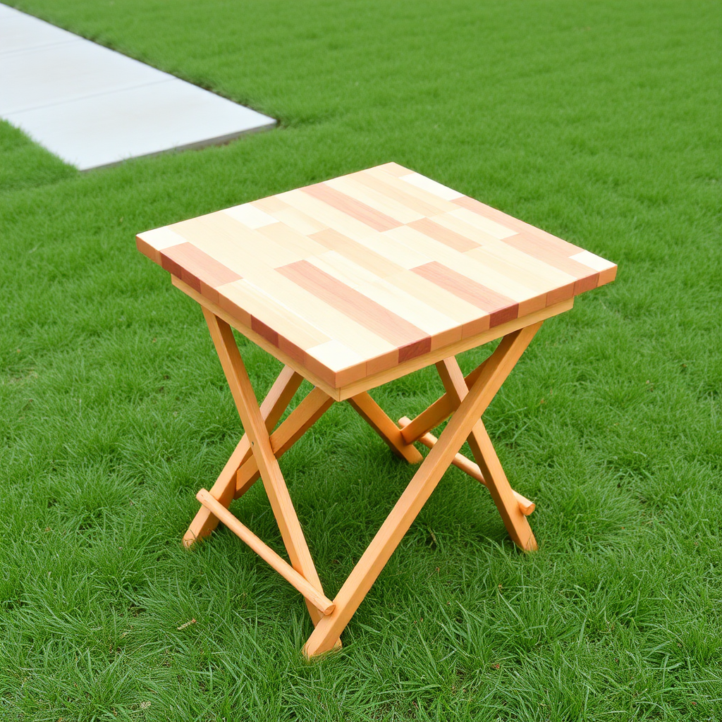 folding wooden table approximately 1 meter square top surface, with a 2 inch edging that is sitting on top around the perimeter.