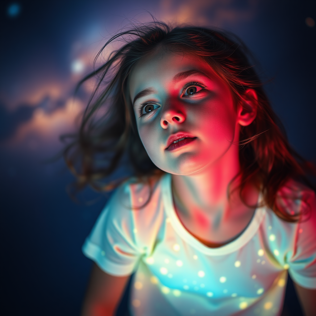 preteen girl floating in space, dreaming, Low Key Lighting, dreamscape, nebula, Bokeh, abstract, brilliant colors, glittering, translucent, iridescent, natural skin, glowing, artistic photo, panoramic, awe, airy, original, experimental, interdimensional