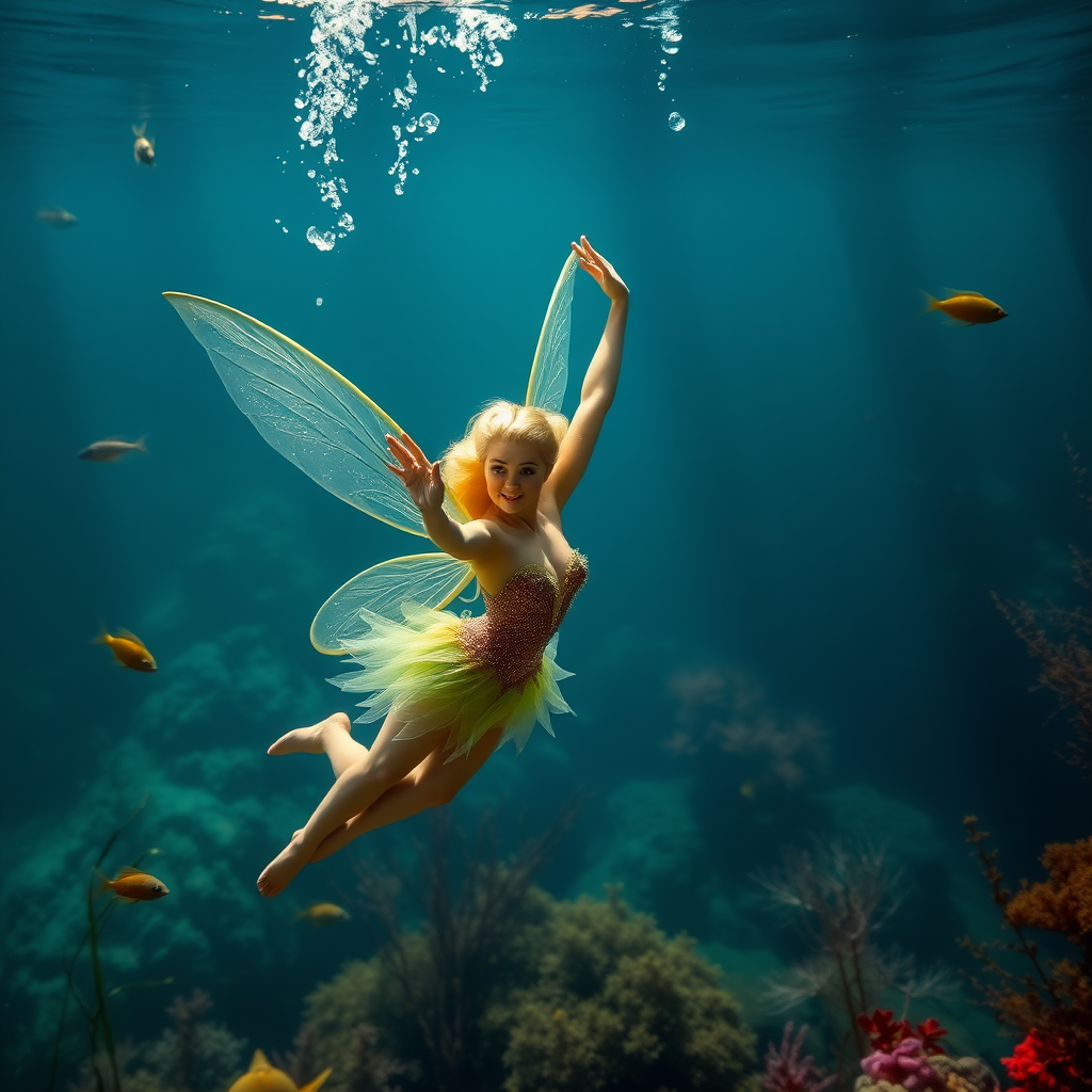 Tinkerbell as a burlesque dancer she's floating underwater surrounded by sea creatures and plant life. Her graceful arms float above her head. In the photographic style of Richard Fegley on DSLR