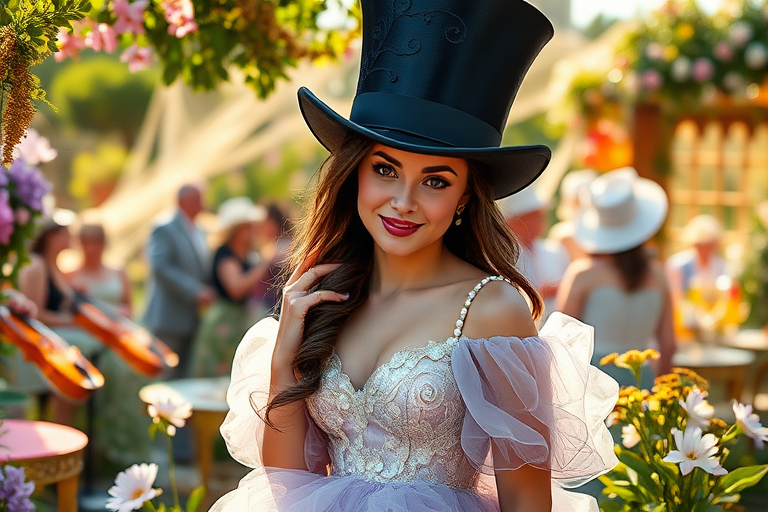 In the heart of a whimsical garden party, a stunning woman captivates the attention of all with a giant top hat perched exquisitely atop her elegantly styled hair. The hat, crafted from the finest black silk, shimmers softly under the golden rays of the afternoon sun, its surface a masterpiece of intricate embroidery featuring delicate patterns of swirling vines and iridescent flowers that seem to dance with every subtle movement.

She dons a breathtaking gown that billows like a cloud around her, made of layers of gossamer fabric that catch the light, shifting colors between shades of lavender and soft cream. The bodice is intricately adorned with tiny pearls and sequins that glimmer like starlight, perfectly accentuating her graceful figure.

As laughter and cheerful chatter fill the air, gentle breezes stir the vibrant blooms that surround her, their fragrant aroma mixing with the sweet scent of freshly baked pastries from nearby tables. The soft sound of a string quartet provides a melodic backdrop, enhancing the enchanting atmosphere.

With a playful smile, she tilts her head slightly, allowing the brim of her hat to cast a dramatic shadow over her face, adding an air of mystery to her already captivating presence. The combination of elegance and whimsy makes her the undeniable queen of this picturesque gathering, drawing admiring glances from party-goers dressed in their finest attire.