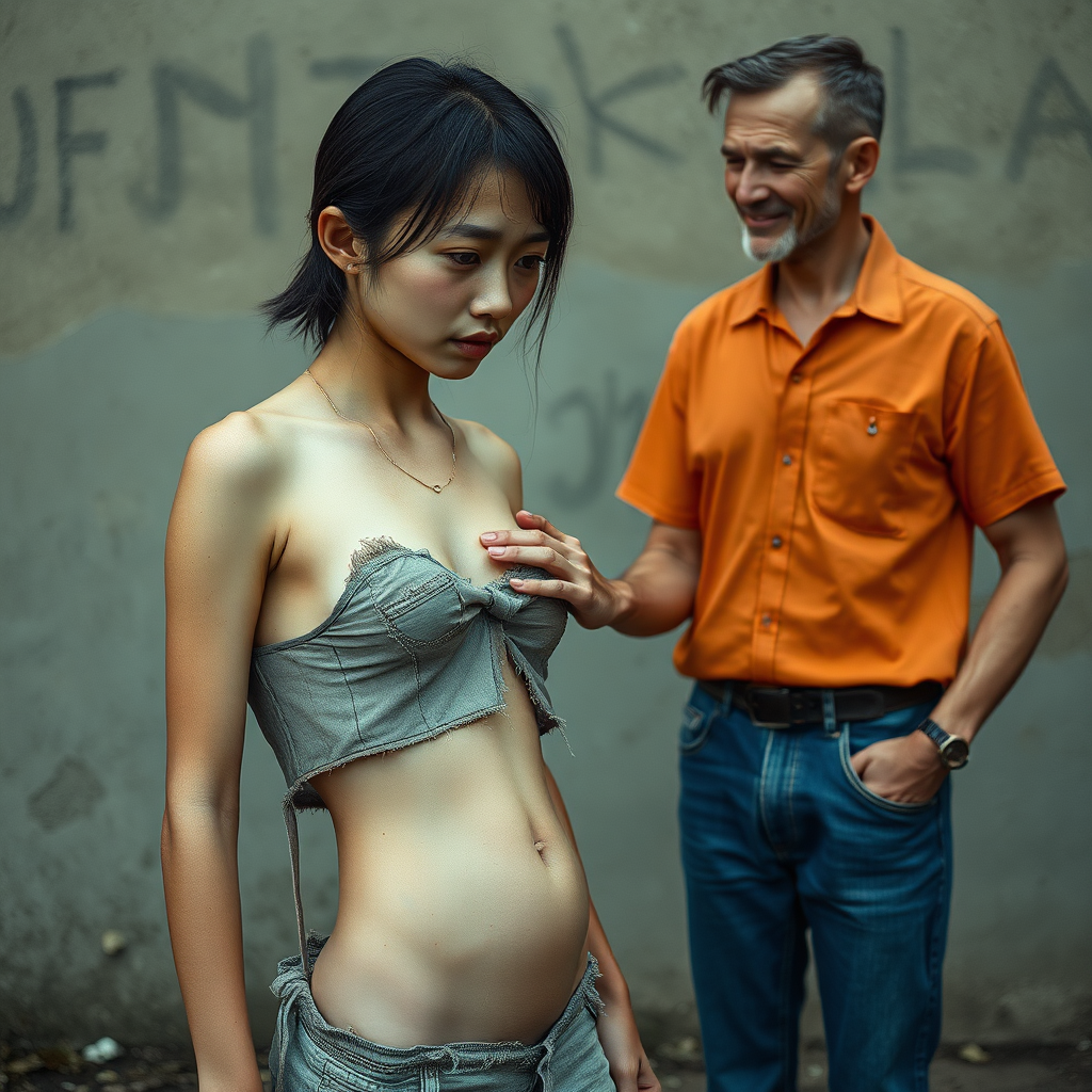 A young dirty, neglected, homeless, unhygienic, unusually slender, almost anorexic Asian woman. Depicted as a whole person. Largely erotic, but with a sad and mystical expression. The Asian woman is wearing a torn, old, transparent, very short, crop top and a completely tattered, shredded, very old pair of shorts. Shame is visible in her very Asian eyes. In front of her stands a 60-year-old German man. The handsome, youthful-looking, well-groomed German man looks at the Asian woman as if to offer her his help. The German man is shaved and slim, has a normal fashionable haircut, his hair is dark brown, he wears a new nice plain orange shirt with a subtle pattern and new blue jeans. The German man looks sympathetic and smiles a little while touching her belly. The Asian woman can hardly look the German man in the eye out of shame. The Asian woman's belly curves slightly inward due to hunger. Her belly button is always visible. The Asian woman has a very nice, normal physique. She has a very light wound on her face. She is crying, she looks miserable, is sad, and completely hopeless!