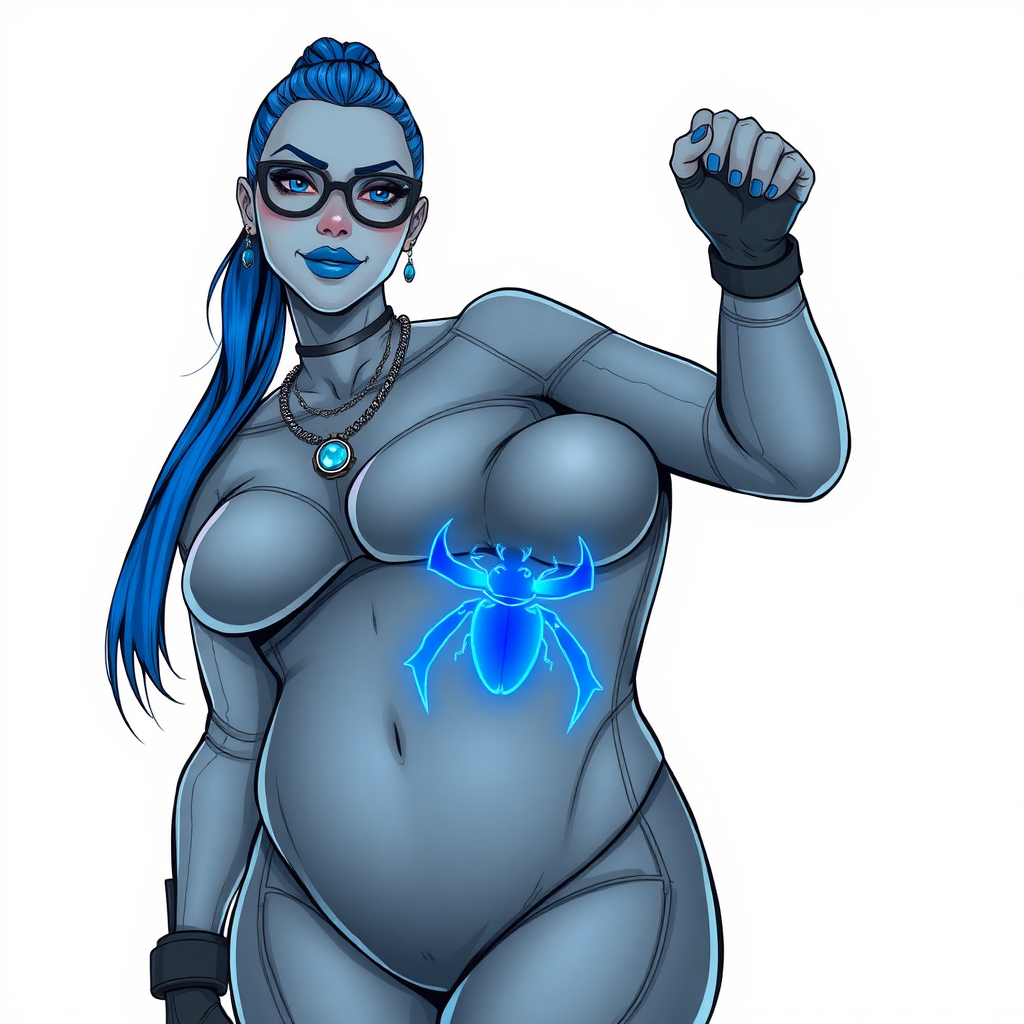 A cyberpunk vigilante’s full-figure middle gray metallic skinned computer program hybrid 28-year-old digital sidekick and loyal girlfriend. She has a long maximum blue ponytail and middle gray metallic skin that blends with her outfit appearing to merge together into computer data. She wears maximum blue lipstick, blue eyes, a sapphire beetle gemstone necklace, sapphire earrings, black eyeglasses, and an oversized, digital, computerized, middle gray bodysuit featuring a neon blue glowing beetle chest icon that accentuates her prominently, round, gargantuan midsection. She sports a beaming smile with a neon red blush. She serves as his minicomputer operating in his hi-tech wristwatch and supercar's onboard computer using her ability to hack into machines and computer to relay vital mission information. The background is solid white. She is drawn as if she was in a retro 2D cyberpunk fighting game. Her midsection is bloated to emphasize her figure.