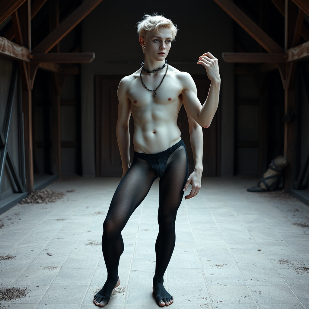 photorealistic, ultra high resolution, 16K, surreal fantasy, soft studio lighting, Caleb Swift is a pretty 16 year old goth male , slim male physique, blonde hair, blue eyes,  goth makeup,  earrings,  sheer black pantyhose, spikey neck collar with chain,  standing on the floor of the barn striking as pose as Michelangelo's "David" sculpture , excite mouth, bulging manhood, full body in wide view from side with Caleb facing the camera.