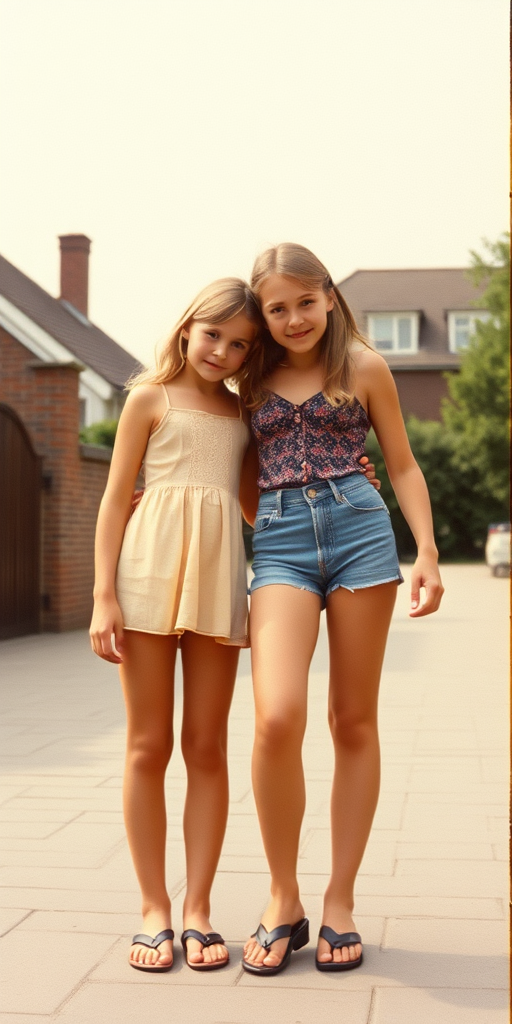 A vintage photo, 1980s. A 14yo teen boy and girl. British. Long legs, bare thighs. Hot summer. Full length view.