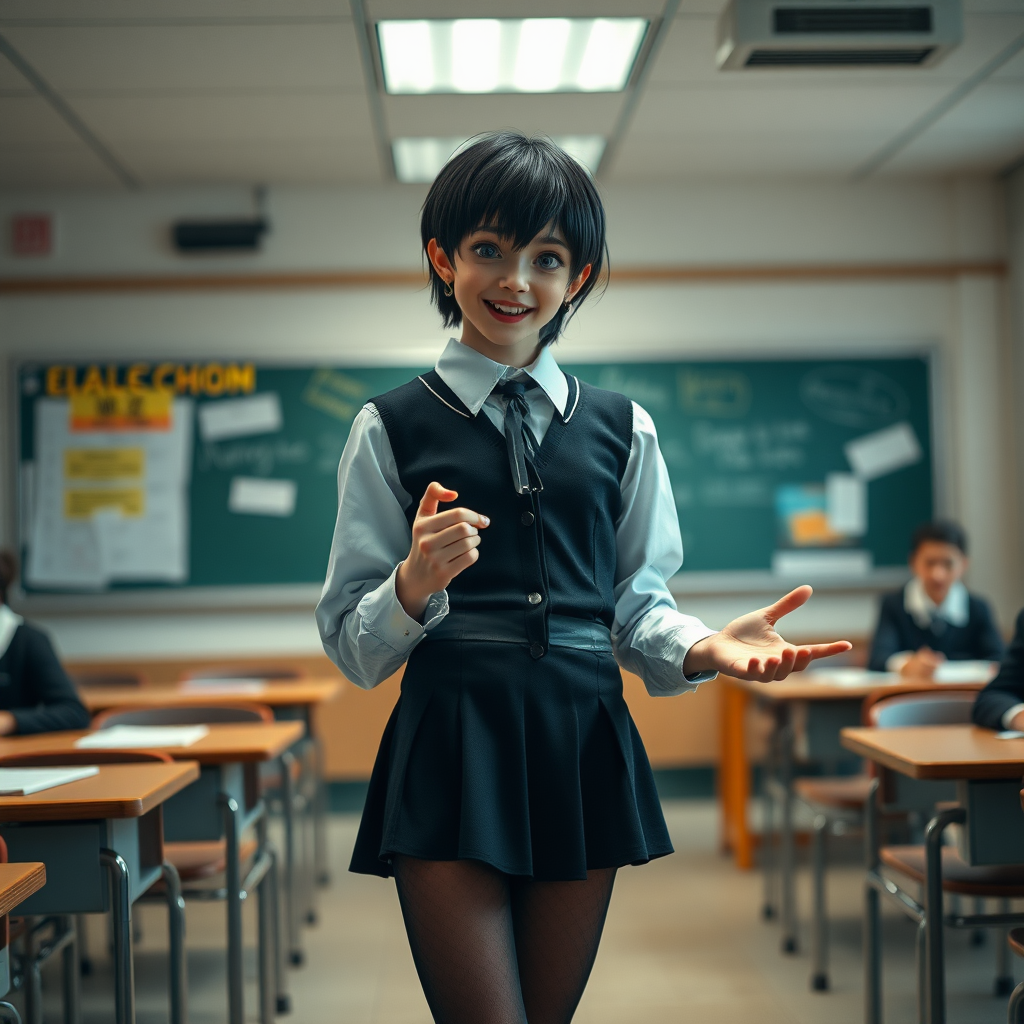 photorealistic, ultra high resolution, 16K, surreal fantasy, soft studio lighting, a pretty 17 year old goth male, slim male physique, short dark hair, blue eyes, goth makeup, earrings, sheer pantyhose, UK girls-school uniform, Mary-Jane shoes, standing in the classroom delivering a talk, excited smile, facing the camera.