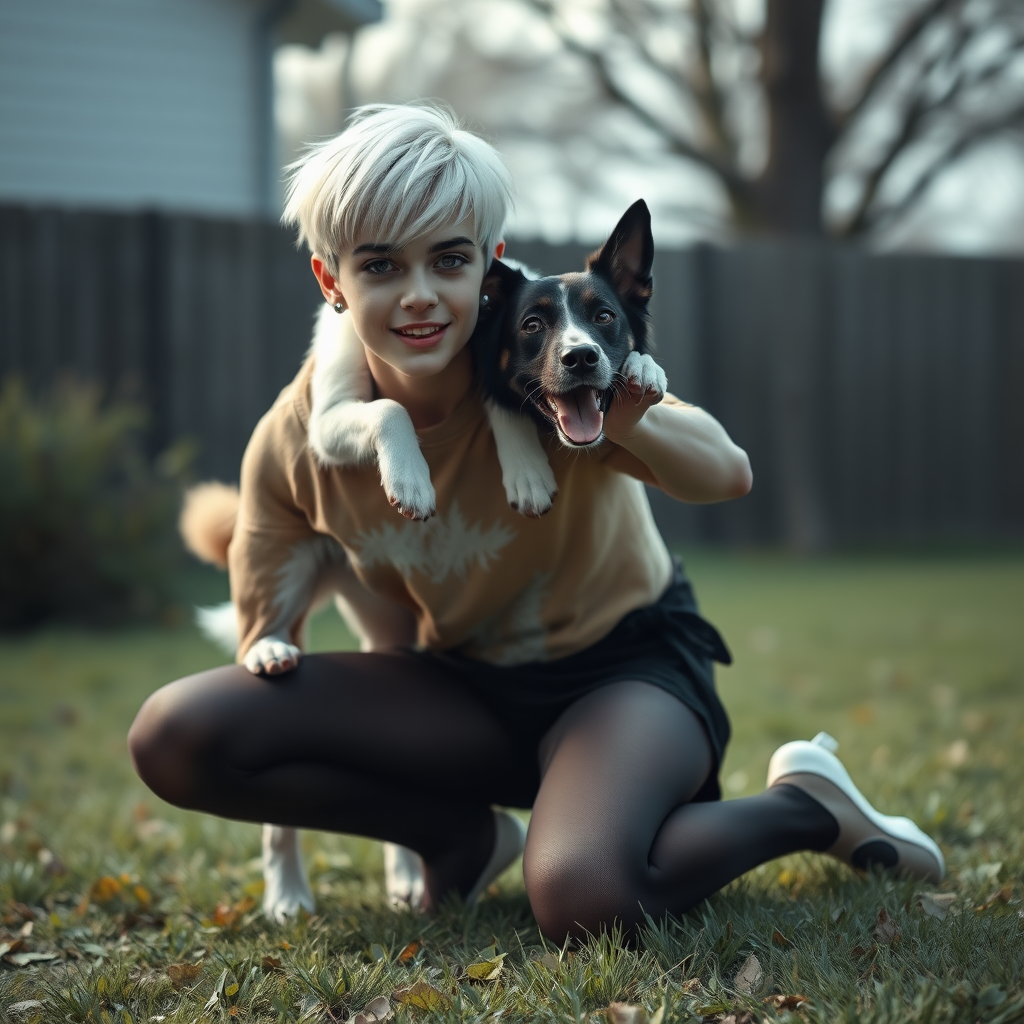 photorealistic, ultra high resolution, 16K, surreal fantasy, studio lighting, a pretty 16 year old goth male, slim male physique, short blonde hair, goth makeup, earrings, pantyhose, white ballet shoes, playing with his dog in the yard - he is kneeling forward, while the dog stands up behind him and rests its paws on the boys shoulders, excited smile, facing the camera.