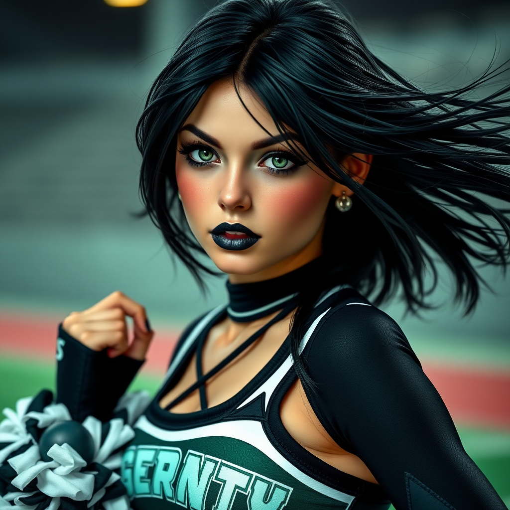 Juliet Starling is a short athletic goth and cheerleader of Santa Romero High. She has a very confident and seductive expression while posing for her team. Her black hair flows in the midwinter wind. Her green eyes shine like emeralds. Her black lips are alluring. She is sweating.