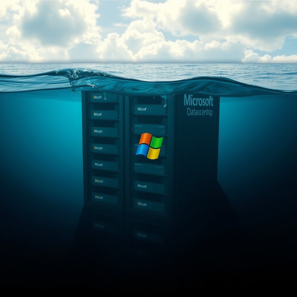 Create a realistic picture of a Microsoft XP datacenter sinking in the Mariana Trench.