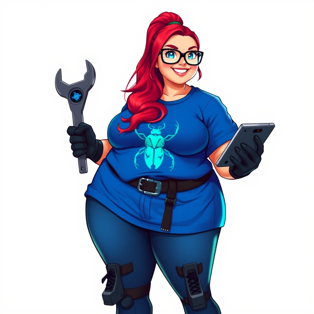 A 28-year-old, full-figured computer hacker and tech wiz, she is the girlfriend of a cyberpunk vigilante. Her long ruby-red ponytail, and striking, bright blue eyes make her stand out. Her wrecking ball-sized midsection, sequoia-sized limbs, and broad shoulders define her full figure, which has been heavily pampered by her doting boyfriend. Her nerdiness is blatantly obvious, and she serves as her boyfriend’s tech expert.

As the loyal and supportive sidekick, she plays a crucial role in their missions, using her digital and technological prowess to assist and protect. She wears an oversized maximum blue t-shirt adorned with a maximum turquoise beetle chest icon, black oversized eyeglasses, matching maximum blue biker pants, and black high-tech gloves. She beams with a neon red blush, holding a futuristic wrench and a digital holographic tablet. She is on a solid white background. She is drawn as if she was in a retro 2D cyberpunk fighting game. Her proportions are broadened and bloated to emphasize her figure.