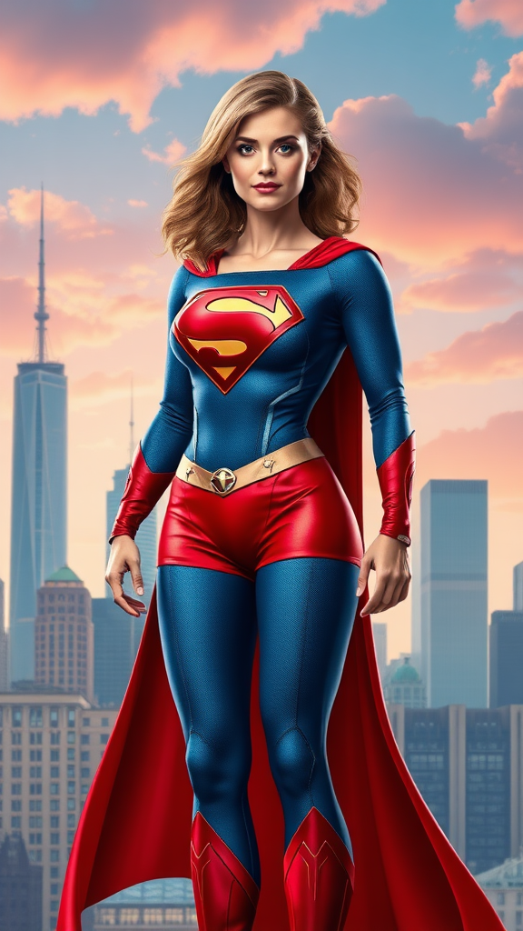 Create a full-length image of Superman using the female body structure of Elastigirl while retaining the original head, hairstyle, and facial features. Maintain Superman's iconic costume, adding unique embellishments to fit the new proportions. The background should blend elements inspired by both characters, featuring a city skyline with a vibrant and whimsical atmosphere. Capture the essence of strength and heroism, merging Superman's iconic traits with Elastigirl's dynamic style.