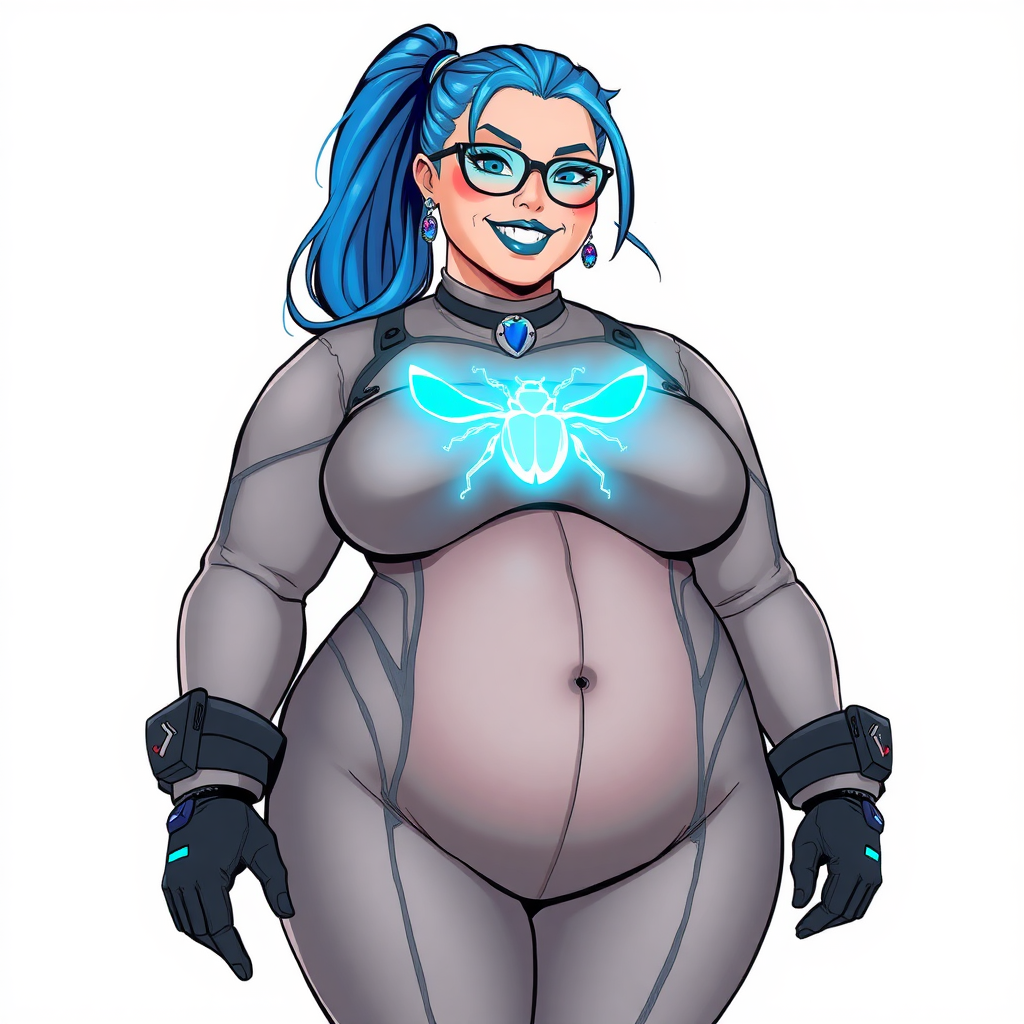 A cyberpunk vigilante’s full-figure middle gray computer program hybrid 28-year-old digital sidekick and loyal girlfriend. She has a long maximum blue ponytail and middle gray metallic skin. She wears maximum blue lipstick, blue eyes, a sapphire beetle gemstone necklace, sapphire earrings, black eyeglasses, and an oversized, digital, computerized, middle gray bodysuit featuring a neon blue glowing beetle chest icon accentuating her prominent, round, gargantuan midsection. She sports a beaming smile with a neon red blush. She serves as his minicomputer operating in his hi-tech wristwatch and supercar's onboard computer using her ability to hack into machines and computer to relay vital mission information. The background is solid white. She is drawn as if she was in a retro 2D cyberpunk fighting game. Her midsection is bloated to emphasize her figure.