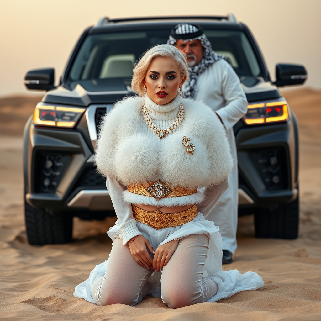 Kuwait desert dunes misty dawn, full size luxury SUV: Melissa, European 17 years old very convincing femboy “trophy-bimbo”, tamed servile docile, very beautiful feminine flawless face, rather short, by hormones very curvaceous womanly figured, platinum blond short tight curls, bold red lips, heavily made-up face, wearing Supertanya-style fluffy very fuzzy bright white angora turtleneck-poncho cropped ending under bust decorated with pearls and gemstones, striking oriental wide gold bridal protection belt, white fully transparent harem pants, full Oriental bridal jewelry including headpiece, nose-ring, coin anklets, striking diamond “$$$” letter brooch on left chest, pout frustrated, hands tied behind back, kneeling in sand in front of SUV, looking at camera. Focus on face and turtleneck-poncho. Standing behind Melissa: older overweight tall proud sheik, approvingly padding Melissa.