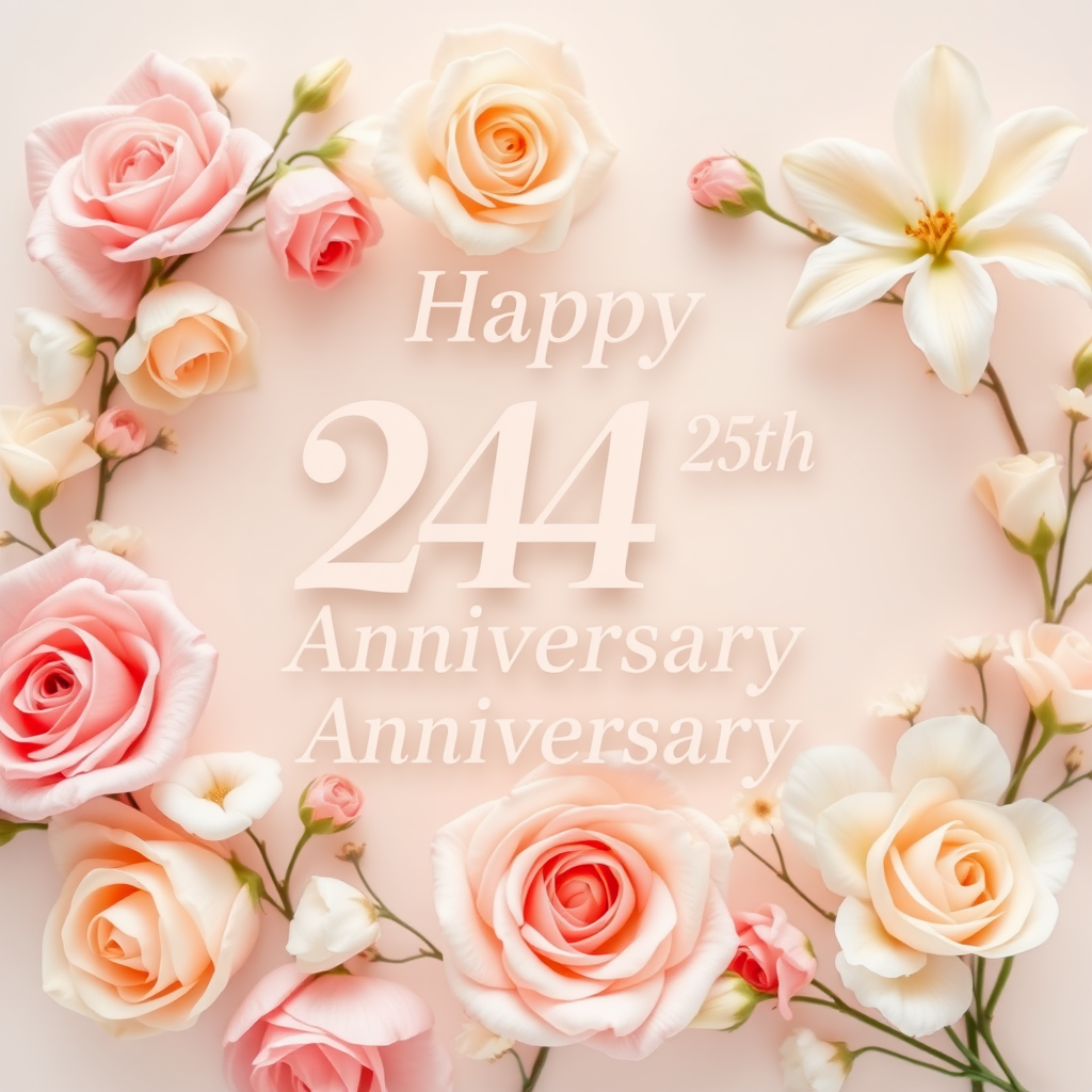 Create a soft, elegant image for a 24th wedding anniversary with a subtle 25-1 motif, blending celebration and love. Include delicate flowers, such as roses or lilies, arranged around a message that exactly reads: "Happy 24th Wedding Anniversary". Incorporate soft pastel colors like pinks, creams, and whites. The overall vibe should be warm, romantic, and joyous, capturing the essence of love and commitment over the years. the text needs to be exact.