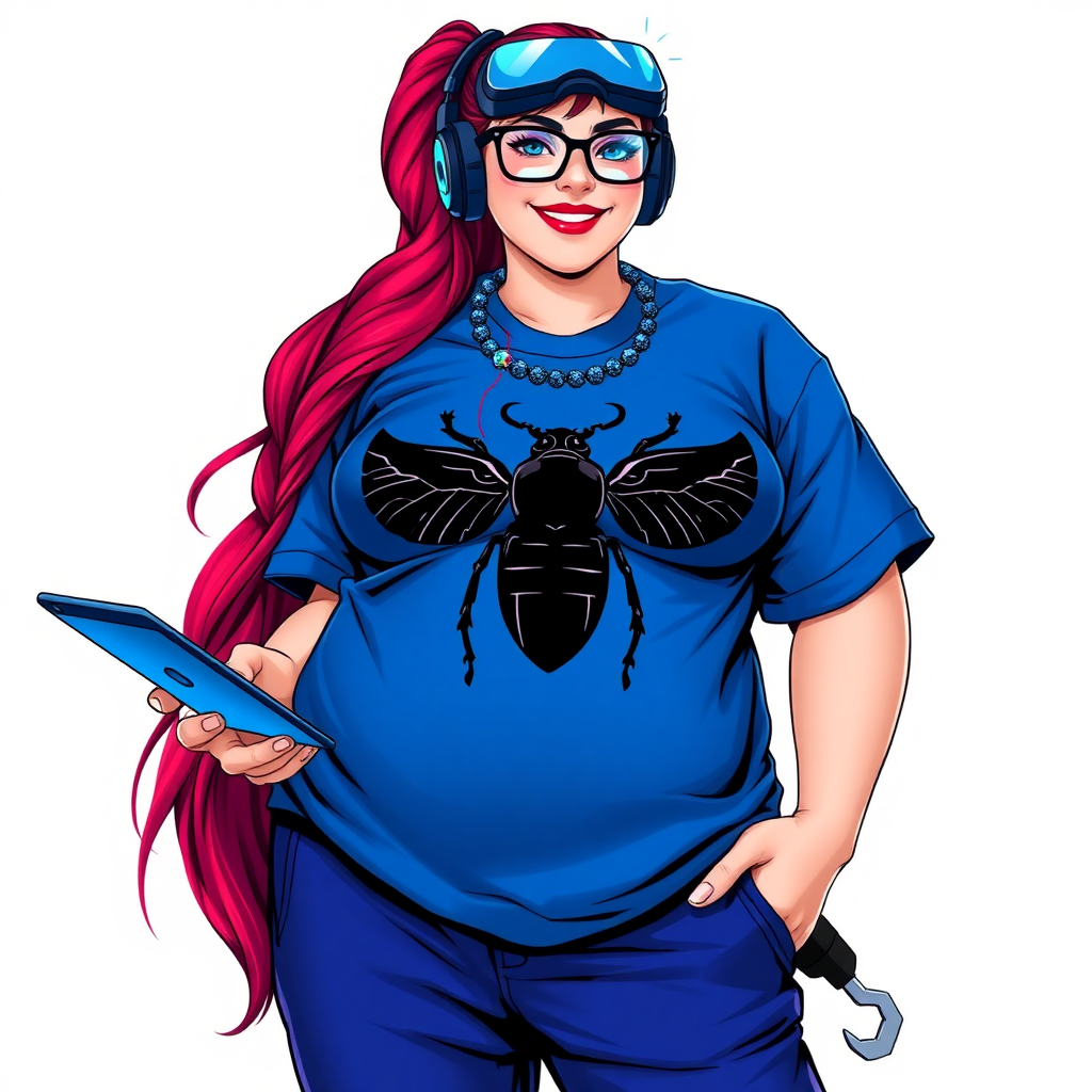 A cyberpunk vigilante’s full-figured intelligent and tech-savvy 29-year-old girlfriend, who is a computer hacker and tech genius. She has a long ruby red ponytail and bright blue eyes. She wears a sapphire beetle gemstone necklace, an oversized Maximum Blue (RGB 71, 171, 204) t-shirt featuring a giant black chest icon of a winged beetle, and matching Maximum Blue sweatpants. She has a full-figured physique with an enormous, well-rounded midsection, reflecting her well-cared-for lifestyle. She sports a sapphire headset with a hi-tech Maximum Blue (RGB 71, 171, 204) lensed HUD visor, Maximum Blue (RGB 71, 171, 204) lipstick, black eyeglasses, and a beaming smile with a passionate bright red blush. Despite her figure and a lack of self-esteem, she radiates an air of beauty. She has an angular face which contributes to her radiant beauty. She serves as his tech expert from his hideout, holding a holographic tablet and a hi-tech tool wrench. The background is solid white. She is drawn as if she was in a retro 2D cyberpunk fighting game. Make sure her outfit covers all her bare skin (especially her enormous midsection).