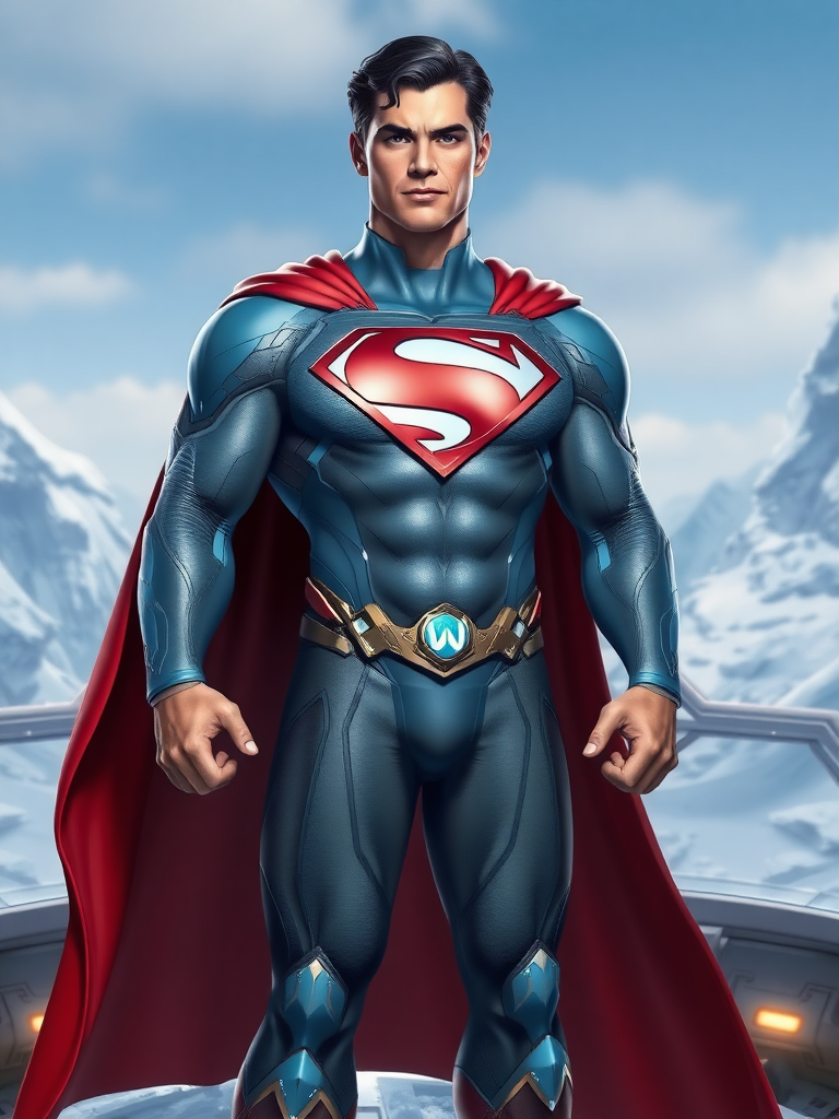 A full-length portrait of Superman with the face and head of Clark Kent, but the body shape of Mei-Ling from Overwatch. Maintain his traditional costume but incorporate elements of Mei-Ling's design, such as icy blue accents and intricate patterns. He stands confidently on a futuristic platform, with ice crystals and frozen landscapes in the background. Emphasize the muscularity of his torso and the powerful physique of his lower body. Render the image in a photorealistic style.